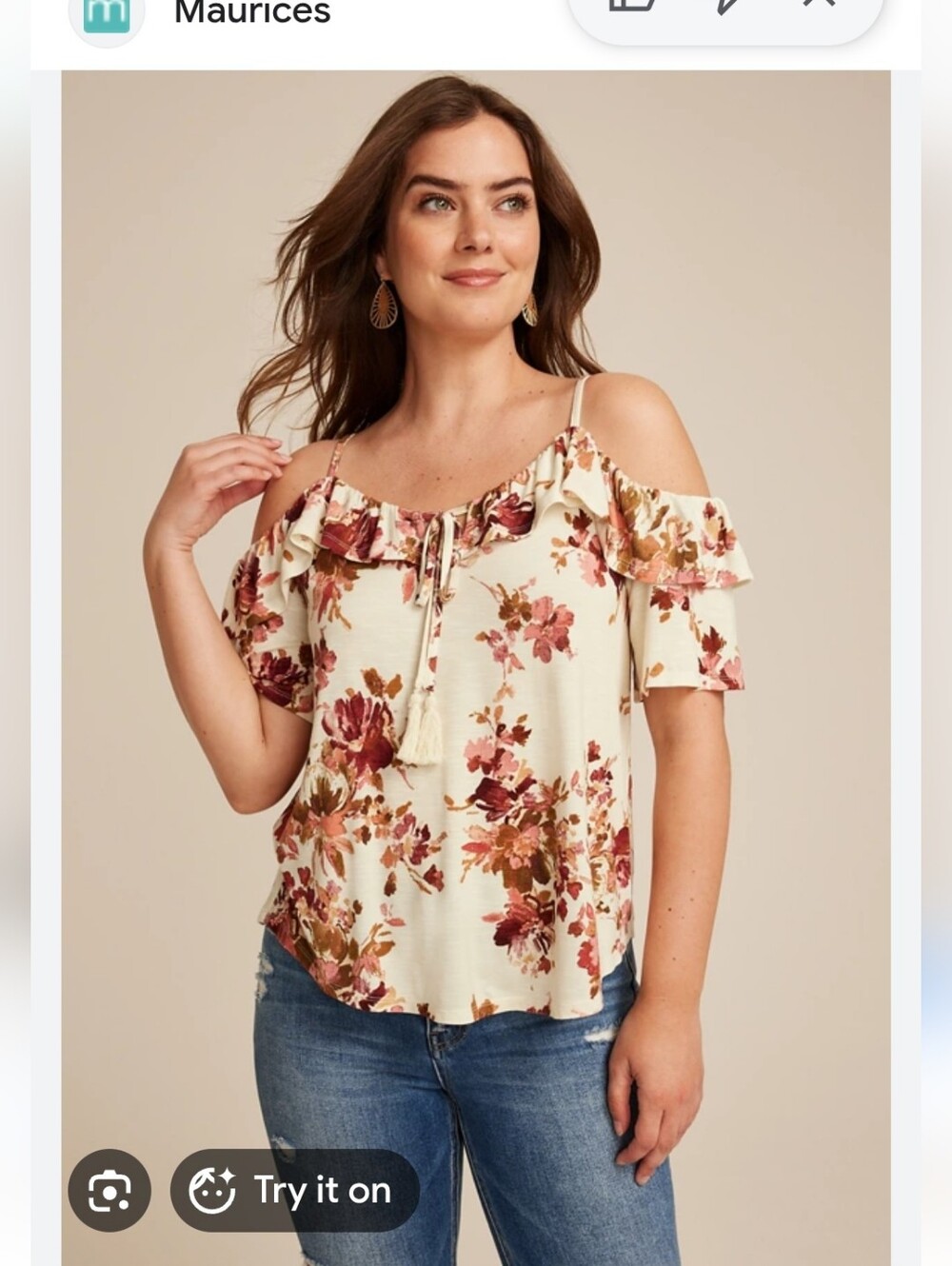 Maurices Cream Floral Ruffle Off-Shoulder Tassel Cami